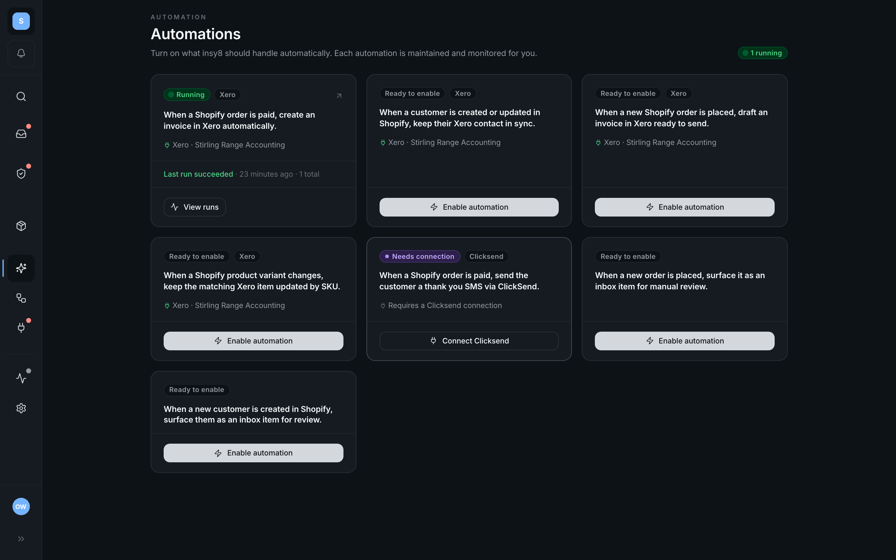 Automation catalog showing Shopify to Xero templates
