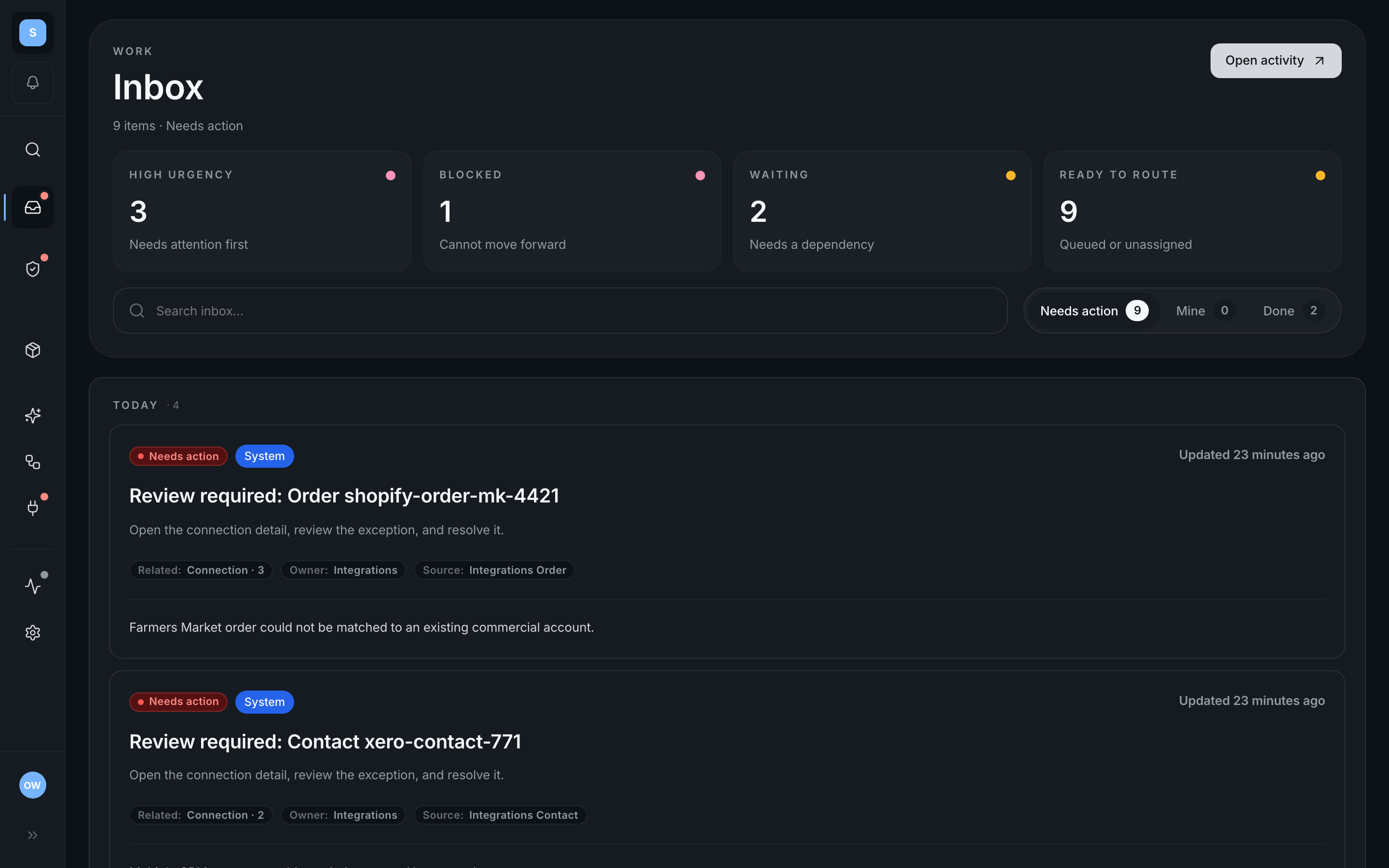 insy8 inbox showing a Xero invoice error with business context and next step